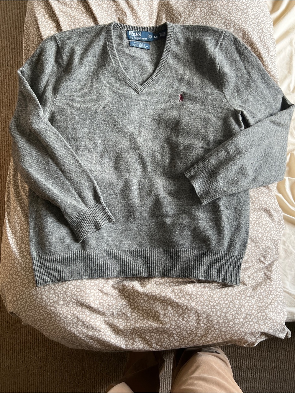 Polo by Ralph Lauren Gray V-Neck Sweater with Maroon Polo Logo